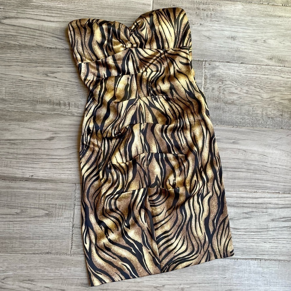 Vintage Jump Apparel Strapless Mini Dress Animal Print Ruching Gold/Brown SZ 5/6